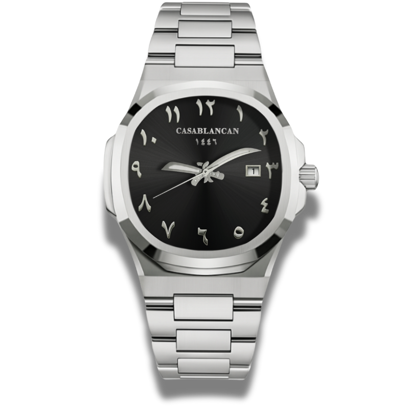 Silver Casablancan Arabic dial watch with black face on a white background