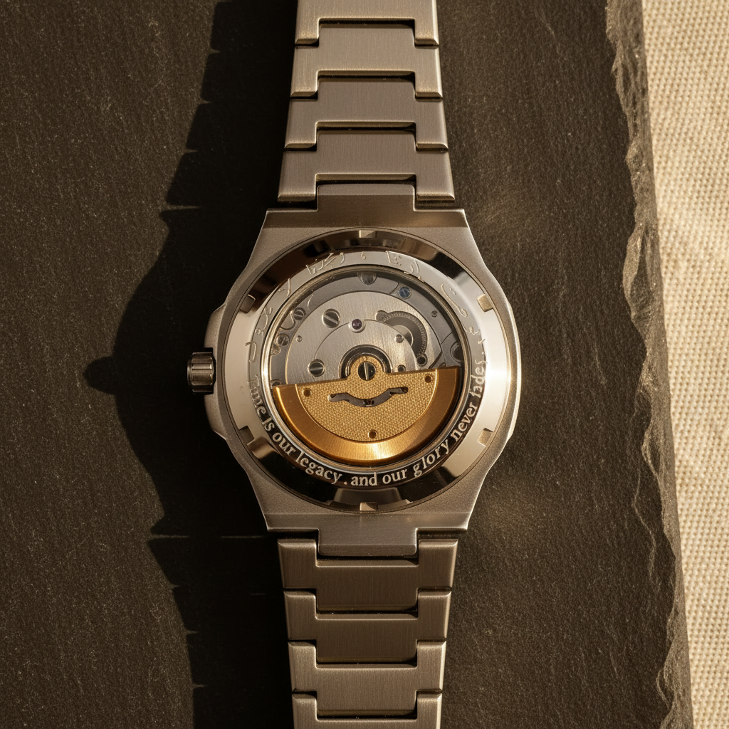 Silver Arab watch with open face revealing mechanical components on a dark background