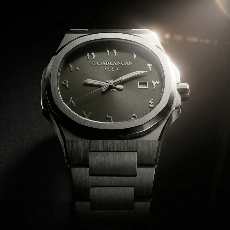 Casablancan Black arabic dial watch and metallic band on a dark background cinematic