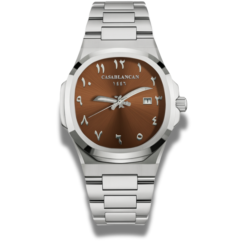 Casablancan watch with brown dial and silver metal strap on white background