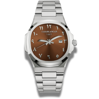 Casablancan watch with brown dial and silver metal strap on white background