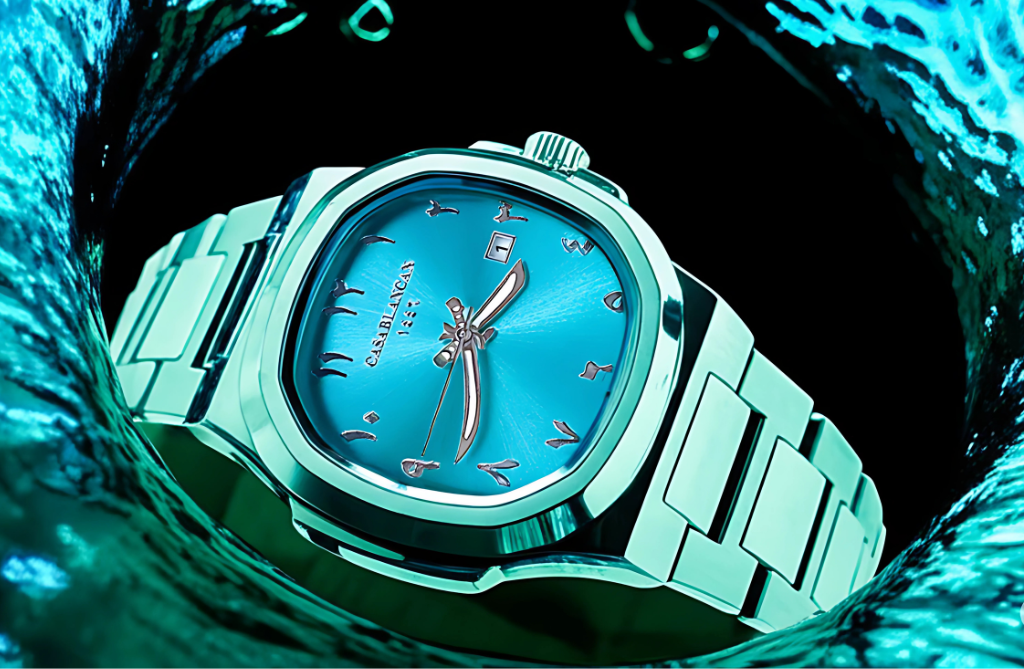 Casablancan Al-Majaz heritage Arabic dial 43mm Watch with a metallic band submerged in blue ocean water