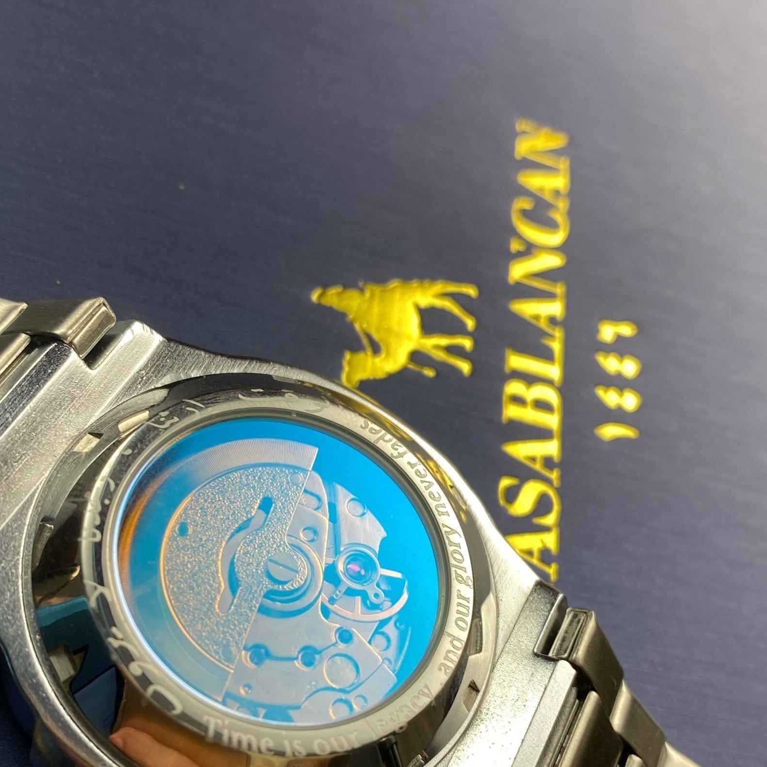 Back view of Casablancan Al-Riyadh Heritage 43mm Arabic Dial Watch showcasing automatic-style movement with engraved rotor on stainless steel case.