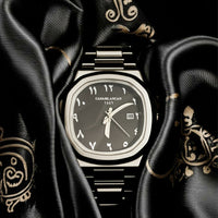 Luxury Casablancan Onyx Sentinel Arabic dial 43mm Watch intricate design on a black fabric background