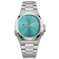 Casablancan Arabic dial Watch with turquoise dial and silver bracelet on a white background