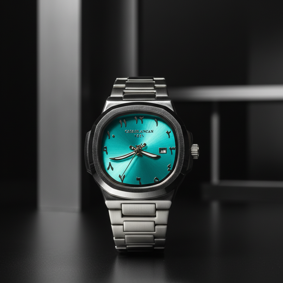 Casablancan Turquoise arabic dial watch with khanjar hands on a dark background