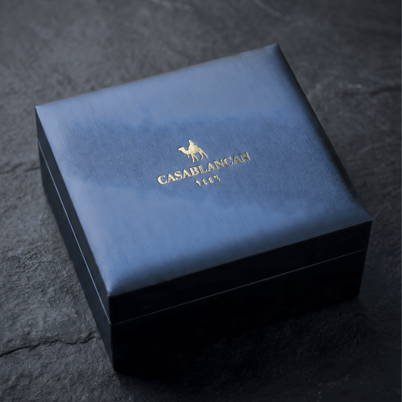 Dark blue Blue Casablancan Leather box on a dark textured background