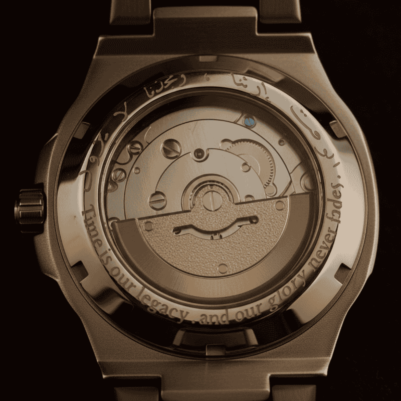 Casablancan Arabic dial watch with mechanical components on a dark background