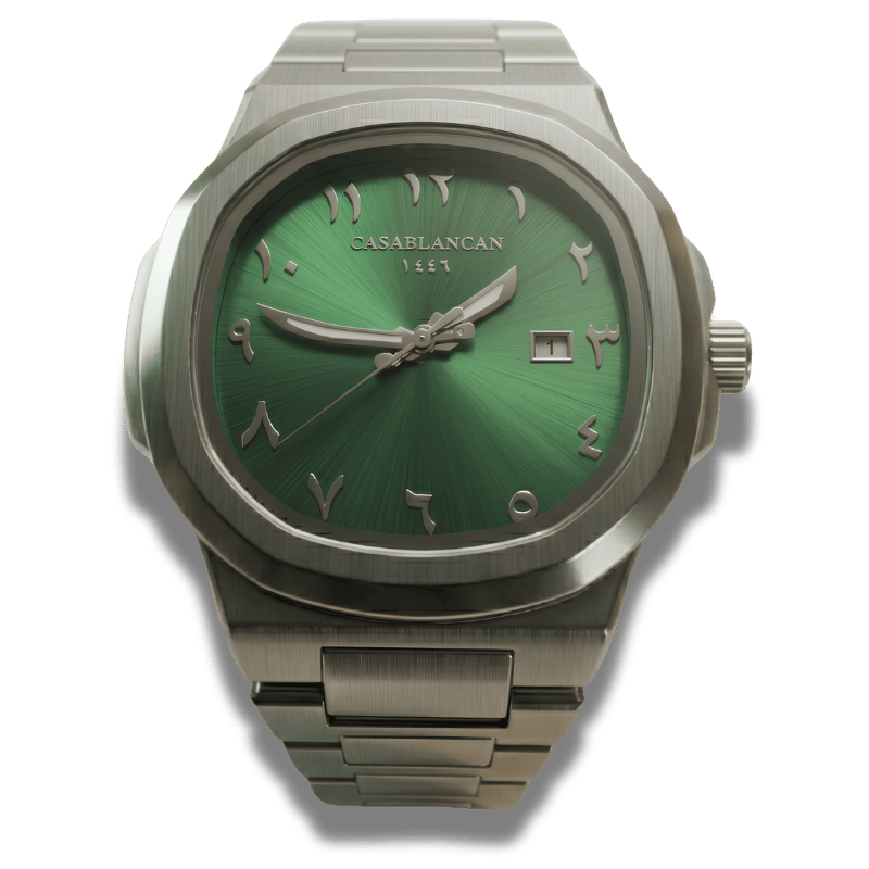Casablancan green arabic dial wristwatch featuring a brushed silver stainless steel case and bracelet with a green sunburst dial and Arabic numeral hour markers.