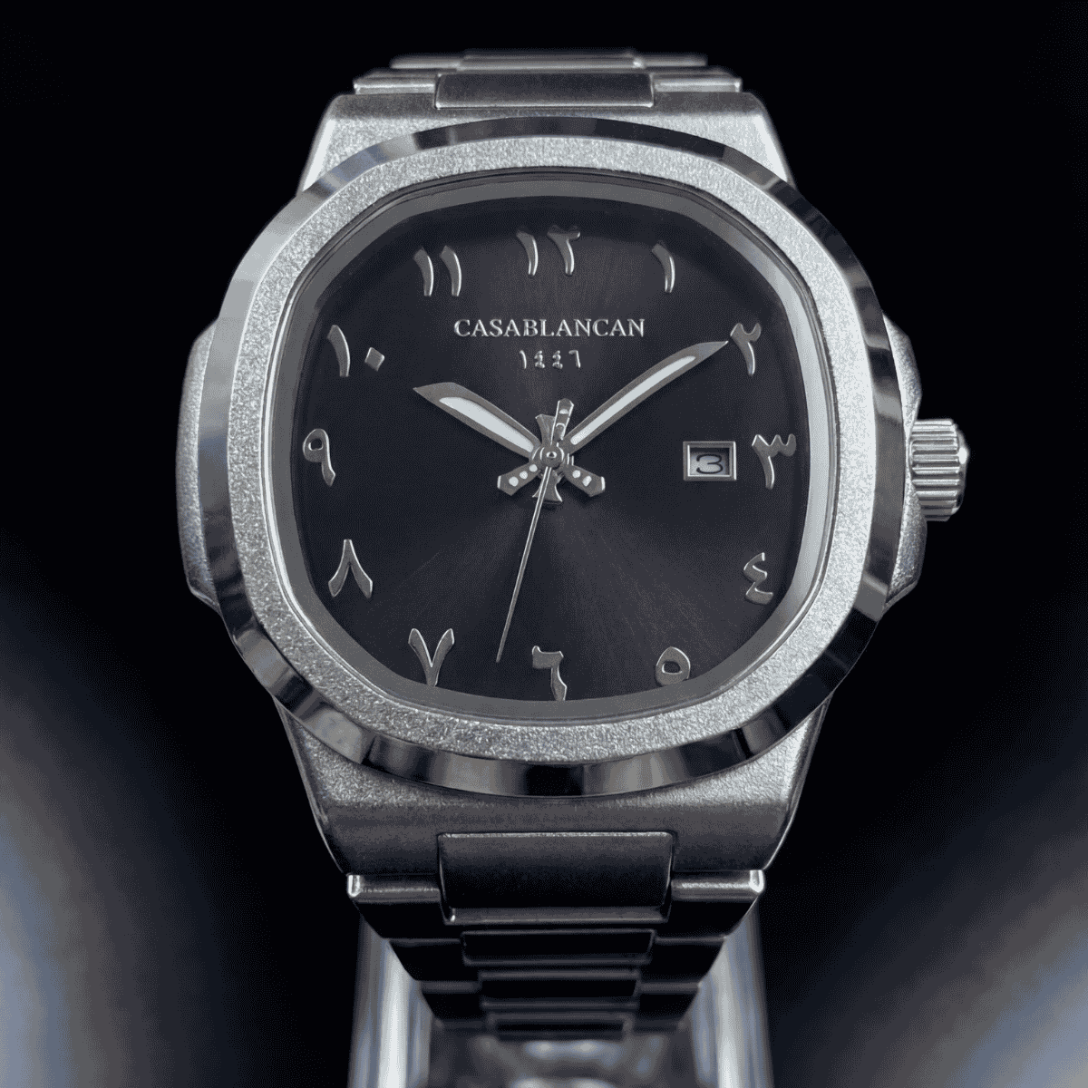Casablancan Black Onyx Arabic dial Silver watch on a dark background front view