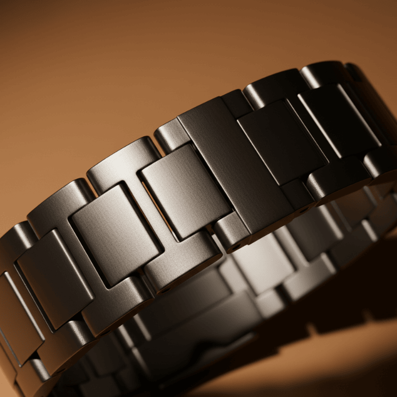 Close-up of Casablanca Arabic dial Stainless steel metallic watch band on a brown background