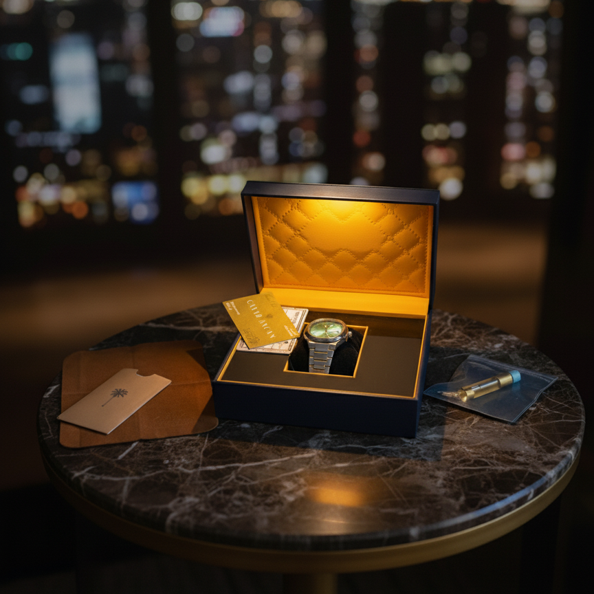 Arabic numerals watch in an open box on a marble table with a cityscape background