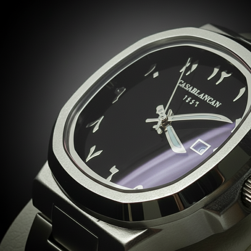 Casablancan watch with black face and silver case on a dark background