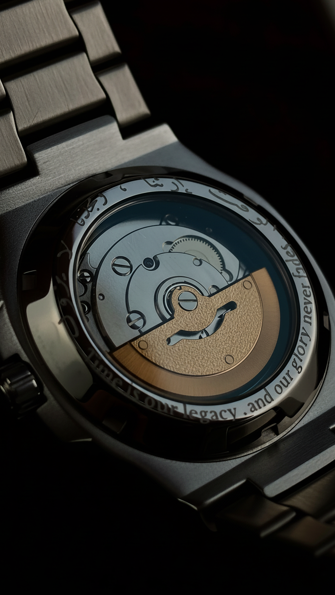 Close-up of an Arabic watch with a visible mechanical movement on a dark background