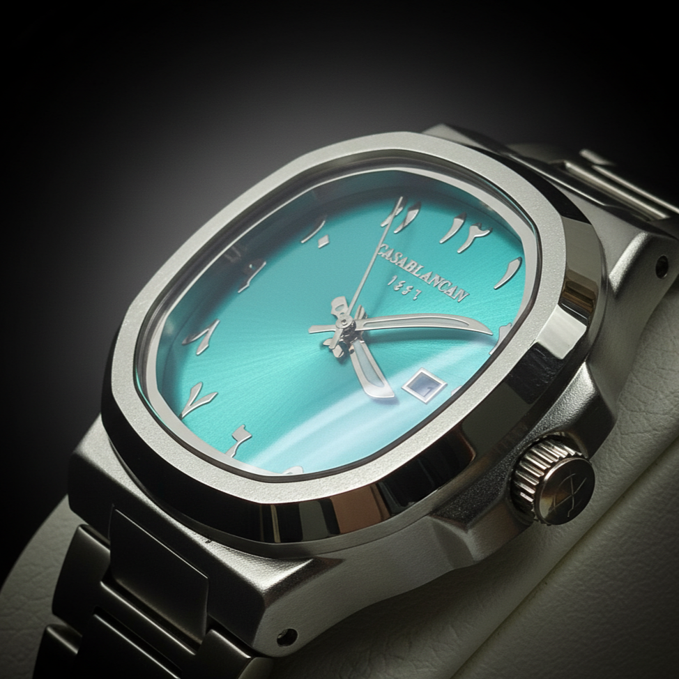 Luxury watch with turquoise dial and silver case on a dark background