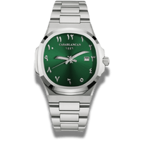 Casablancan Al-Riyadh Heritage 43mm Arabic Dial Watch featuring a green sunray dial, Eastern Arabic numerals, and Khanjar hands in stainless steel.