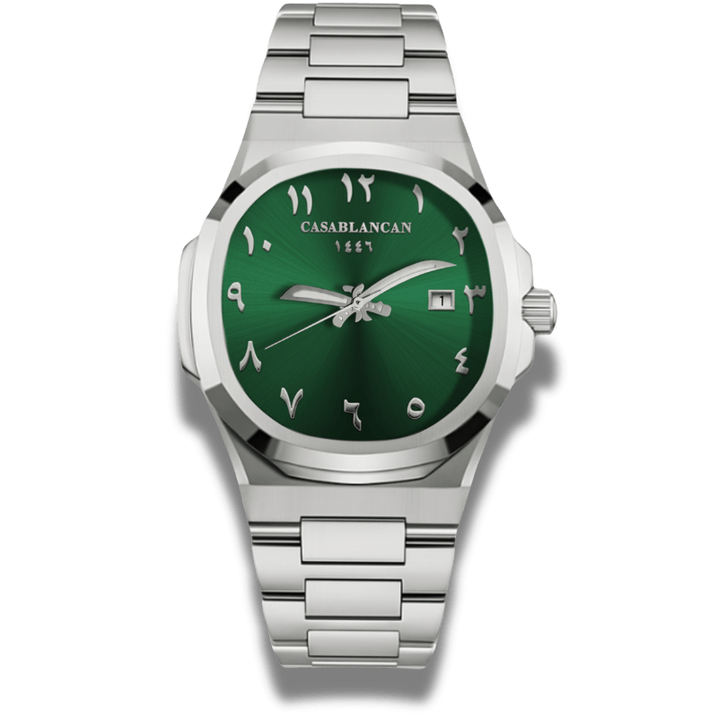 Casablancan Al-Riyadh Heritage 43mm Arabic Dial Watch featuring a green sunray dial, Eastern Arabic numerals, and Khanjar hands in stainless steel.