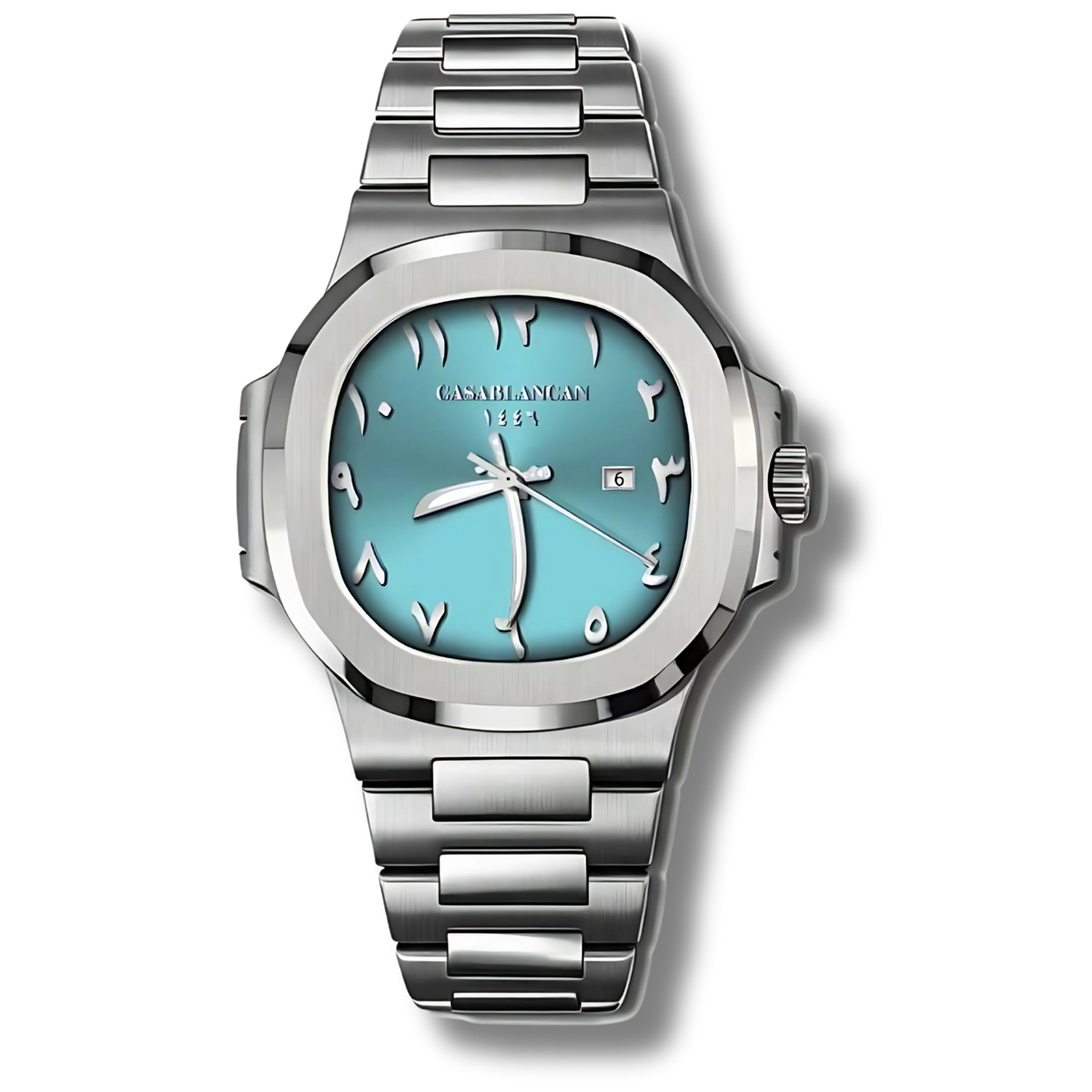 Casablancan watch with turquoise dial and Eastern Arabic numerals
