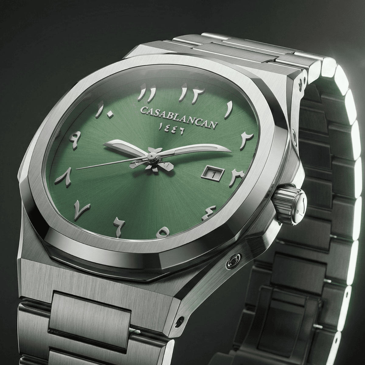 Casablancan watch with green dial and silver strap on dark background