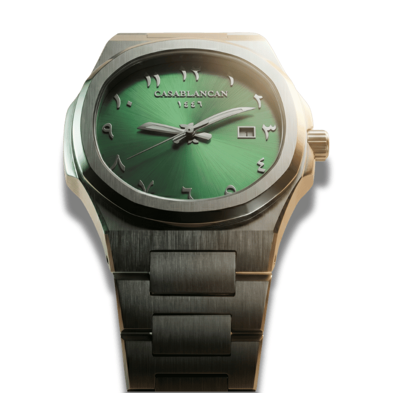 Watch with green dial and metallic band on a transparent background