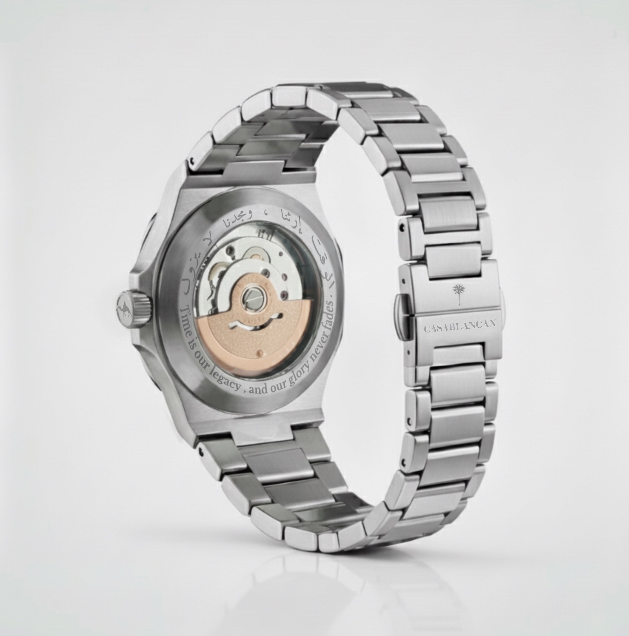 Back view of Casablancan Al-Riyadh Heritage 43mm Arabic Dial Watch showing automatic movement and engraved Arabic script on stainless steel case.