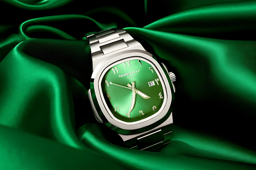 Casablancan Al-Riyadh Heritage Arabic dial 43mm Watch on luxurious green fabric
