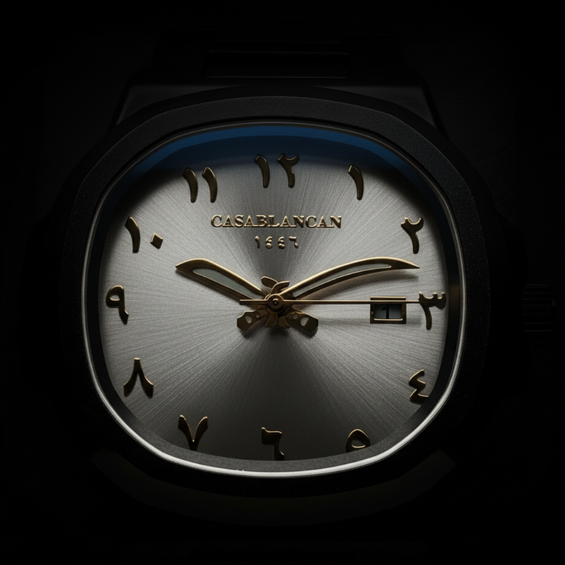 Casablancan Arabic watch Dial showacasing it's signature khinjar inspired hand 