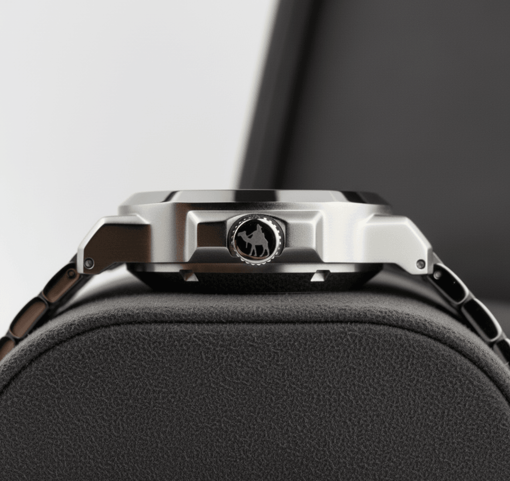 Side view of Casablancan Al-Riyadh Heritage 43mm Arabic Dial Watch showing stainless steel case and engraved crown with Khanjar emblem.