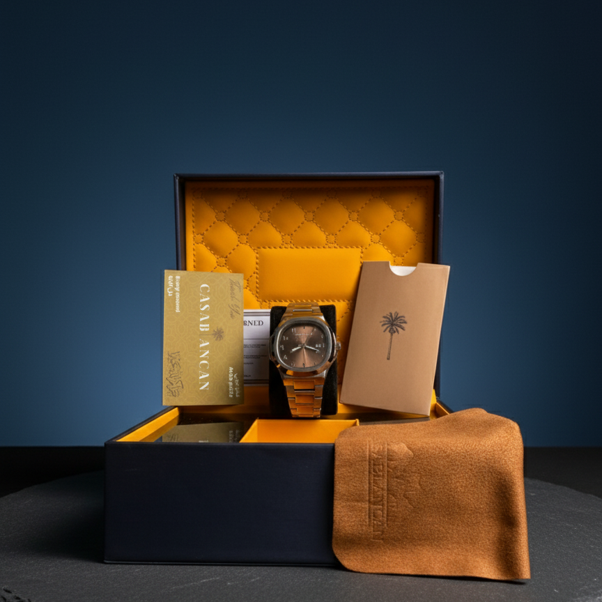 Luxury brown arabic dial watch set with a box, card, and cloth on a dark background