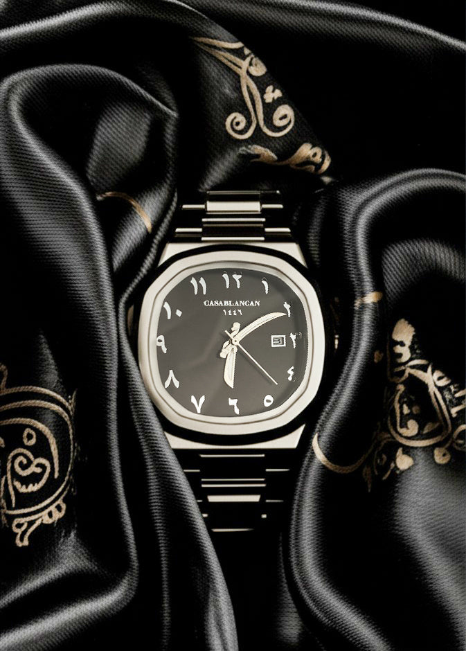 Luxury Casablancan Onyx Sentinel Arabic dial 43mm Watch intricate design on a black fabric background