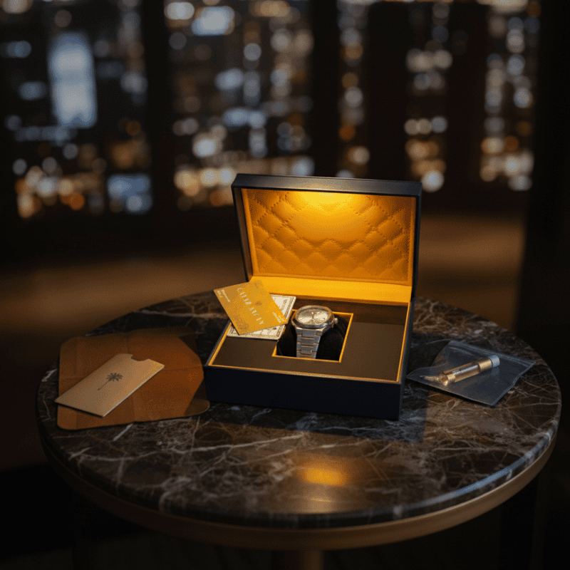 turquoise Arabic dial watch in an open box on a marble table with a cityscape background