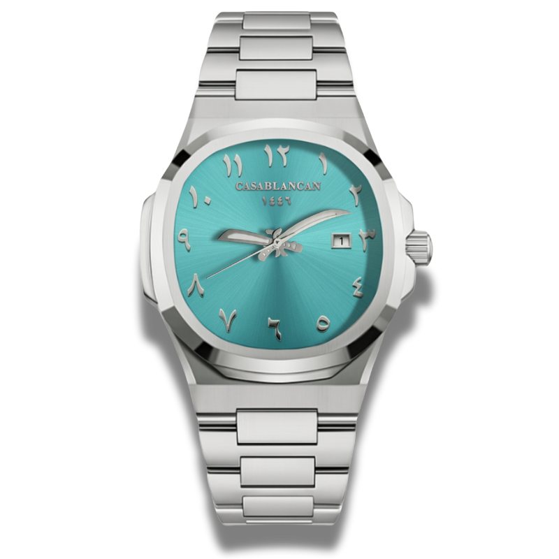 Casablancan Arabic dial Watch with turquoise dial and silver bracelet on a white background