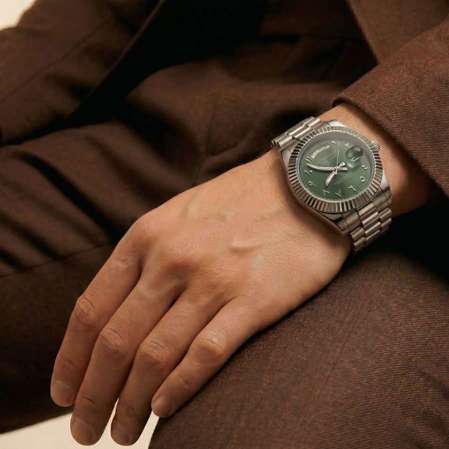 Close-up of a wrist wearing a silver unreleased casablancan Arabic watch with a green face, against a brown background.