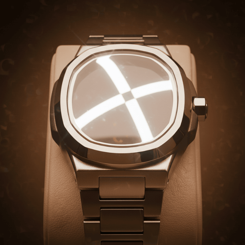 Casablanca Sapphire Glass Modern watch with a metallic band on a dark backgrounD