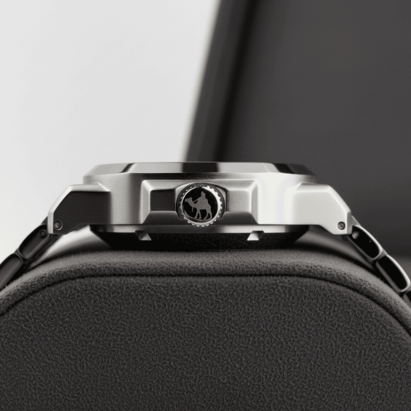 Casablancan Close-up of a watch case with a brand logo on a gray background