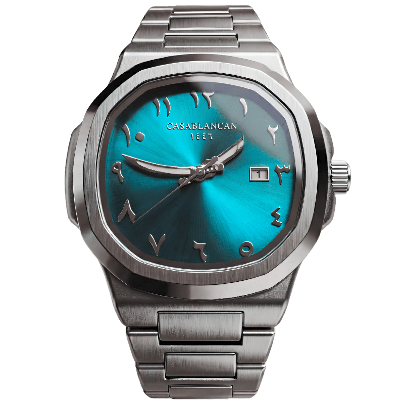 Casablancan Arabic Dial Watch - Arab Heritage 43mm Turquoise Sunray Dial - Khanjar Hands & Sapphire Crystal Watch for Men