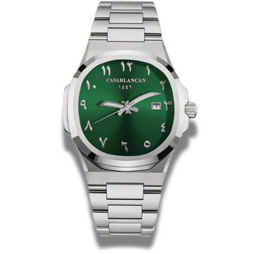 Casablancan Al-Riyadh Heritage 43mm Arabic Dial Watch featuring a green sunray dial, Eastern Arabic numerals, and Khanjar hands in stainless steel.