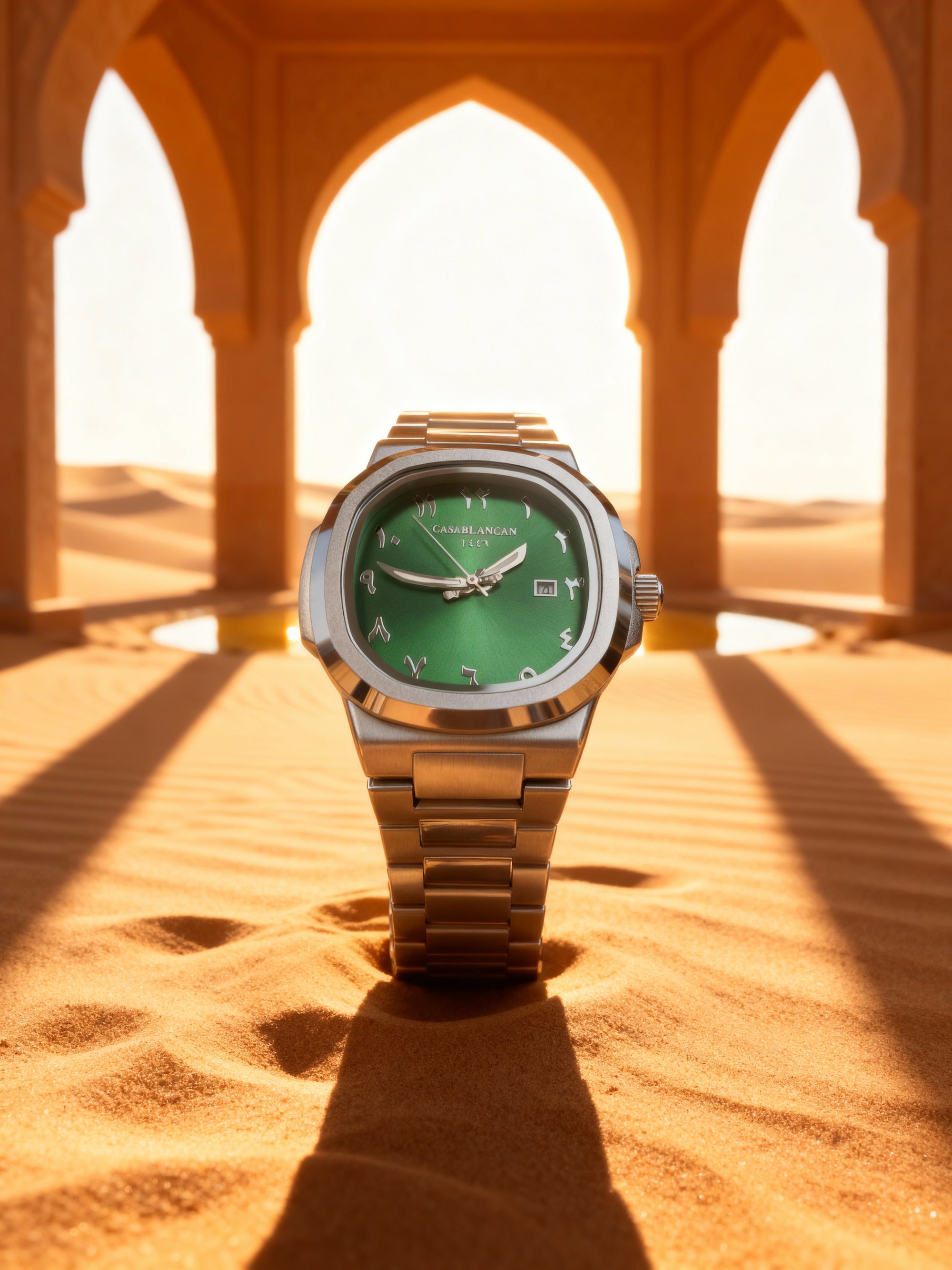 Green arabic dial watch with stainless stell case and band on a desert background
