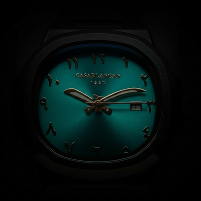Casablancan Arabic dial watch in tifanny blue dial and and khinjar inspired watch hand on a dark background